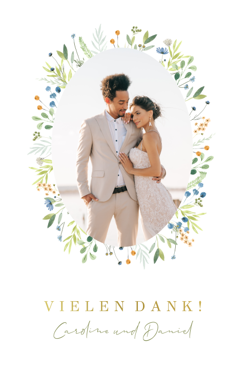 Fröhliche Dankeskarte mit Blumenrand und Goldfolie