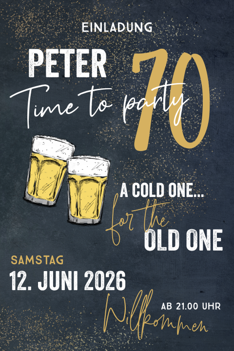 Hippe doppelseitige Geburtstagseinladung zum 70 mit goldenen Spritzern