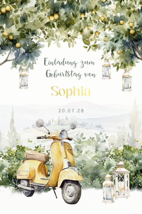 Aquarell-Geburtstagseinladung mit Toskana Landschaft und Moped