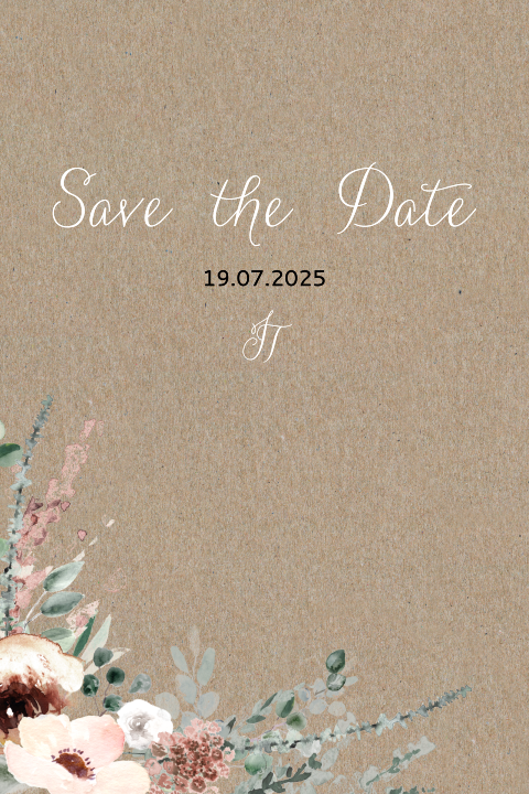 Elegante Save the Date Karte mit Initialen im Blumenkranz
