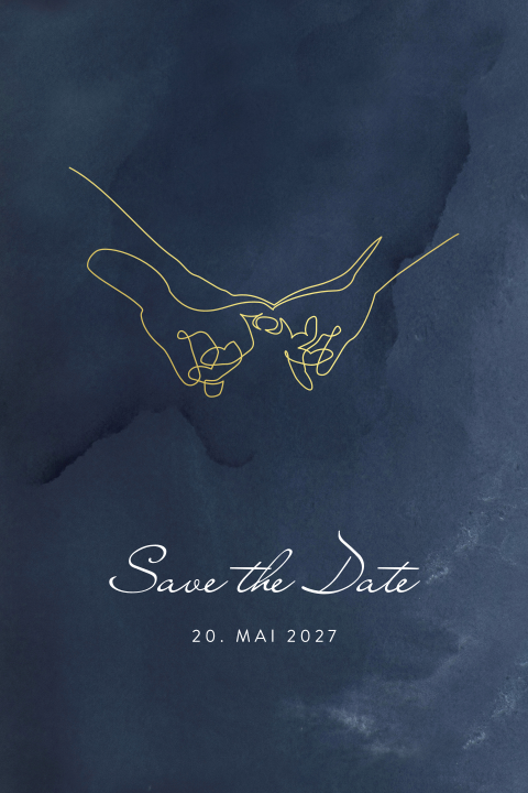 Dunkelblaue Save-the-Date mit Strichzeichnung aus Goldfolie
