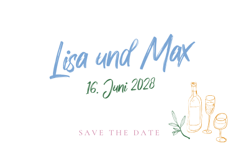 Fröhliche Save the Date Karte mit gemalten Zweigen und Getränken
