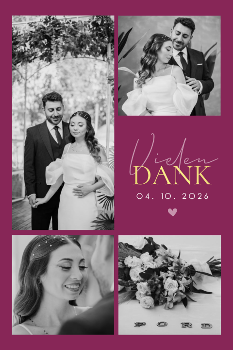 Romantische Danksagungskarte im Berry-Farbton mit Fotocollage