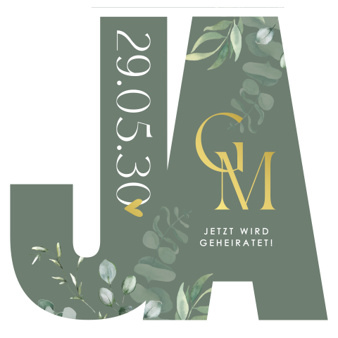 Originelle Hochzeitseinladung in Form eines „Ja“ mit Eukalyptus und Goldfolie