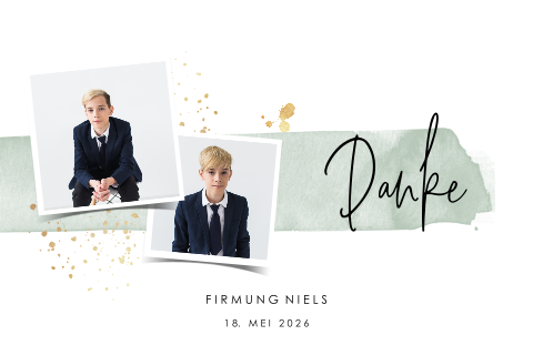 Dankeskarte zur Firmung mit Aquarell Hintergrund und zwei Fotos