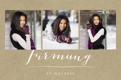 Einladung zur Firmung im Kraftlook mit 3 Fotos und zierlicher Schrift