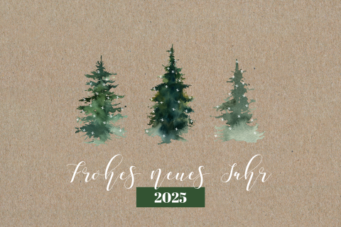Firmen-Weihnachtskarte mit Tannenbäumen und Foto