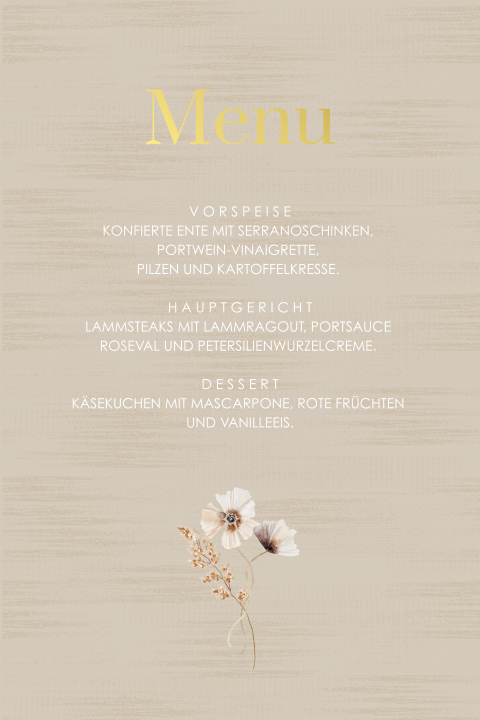 Menükarte mit Veilchen und Goldfolie