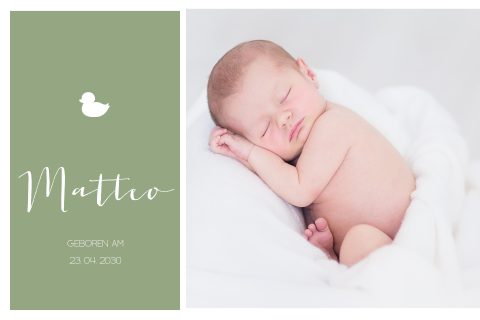 Geburtskarte mit quadratischem Babyfoto und grünen Farbflächen