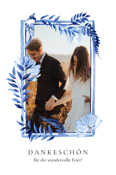Dankeskarte zur Hochzeit in Delft-Blau mit Blättern und Vögeln