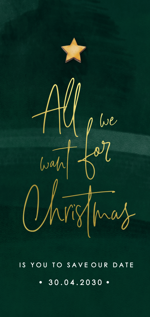 Grüne weihnachtliche Save the Date-Karte mit optionalem Holzelement
