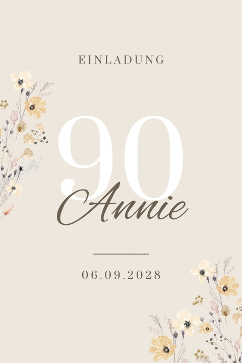 Stilvolle Geburtstagseinladung zum 90 mit Blumen