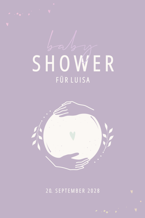 Einladung zur Babyshower mit Händen auf Bauch, Zweigen und Herzen