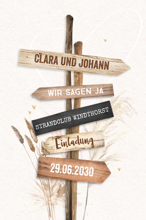 Romantische Einladung zur Strandhochzeit mit Wegweiser