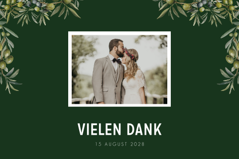 Einfache Dankeskarte mit dunkelgrünem Hintergrund und Olivenzweigen.