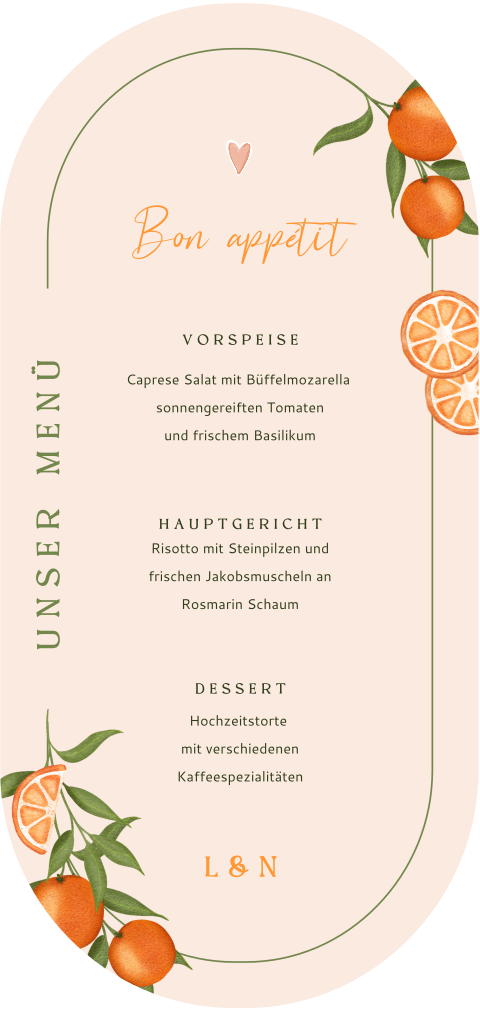 Ovale Menükarte mit Orangen und mediterranem Look