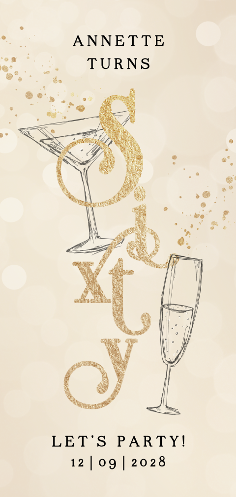 Einladung zum 60. Geburtstag mit Champagnerglas und Goldelementen