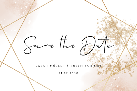 Elegante Save the Date Karte mit geometrischem Muster und Goldflecken