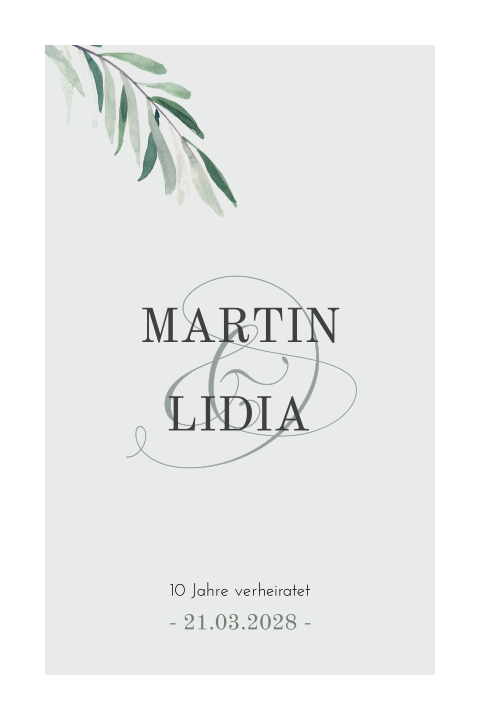 Rosenhochzeitseinladung mit grauen Blättern und klarer Schrift