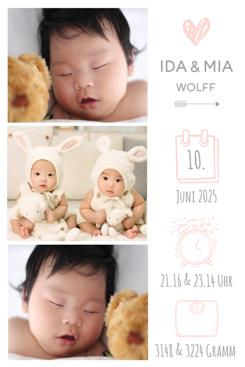 Babykarte mit Fotostreifen und süßem rosa Herz - Zwillinge