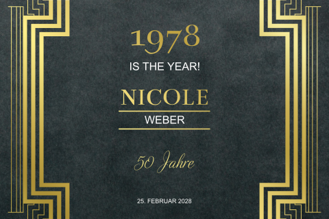 Elegante Einladung zum 50. mit Foliendruck auf dunklem Hintergrund