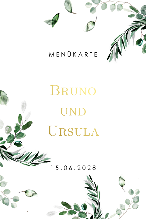 Botanische Menükarte zum Jubiläum mit Eukalyptuszweigen