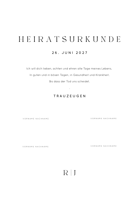 Schlichte Heiratsurkunde mit Initialien
