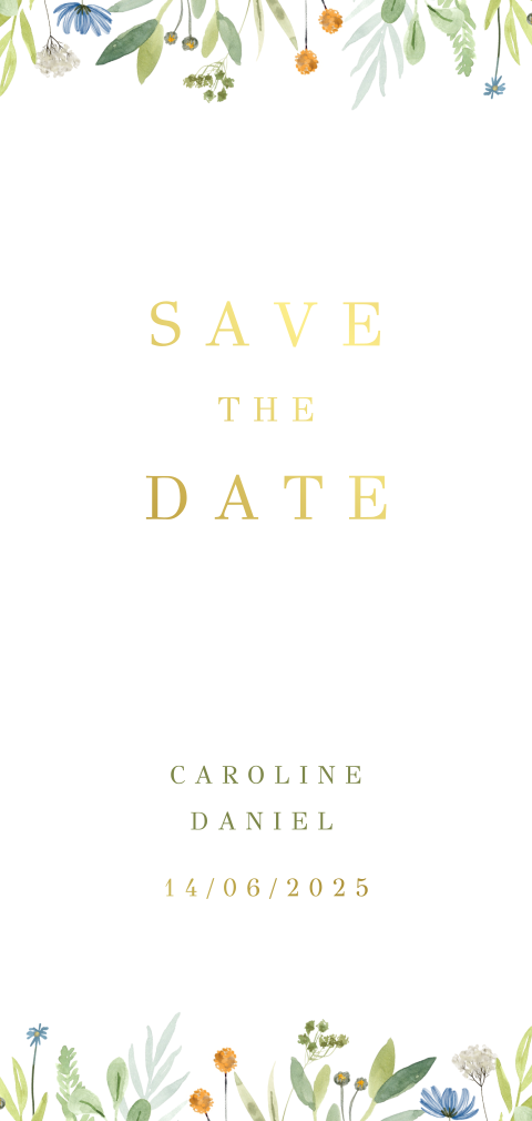Fröhliche Save the date Karte mit Blumenrand und Goldfolie