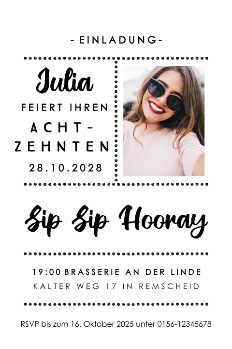 Trendy Einladung zum 18. Geburtstag mit Foto und Infos auf einer Seite