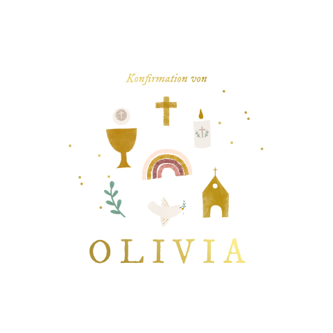 Einladung zur Konfirmation mit religiösen Symbolen und Goldfolie