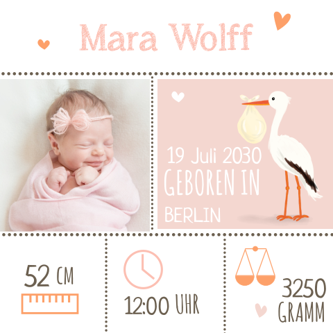Niedliche Geburtskarte mit Foto und Storch in Rosa