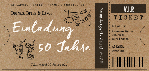 Einladung 50 Jahre Gartenparty in VIP Ticketform im Kraftlook