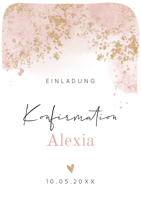 Konfirmationskarte mit goldenen Spritzern und rosa Aquarell-Look