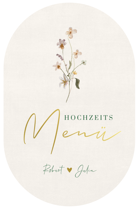 Ovale Menükarte mit Aquarellfeldblumen und hübscher Goldfolie