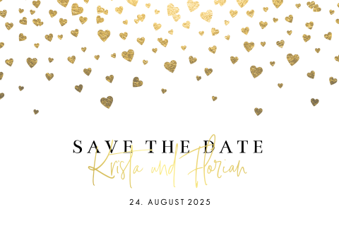 Romantische Save the date Karte mit goldgelben Herzen