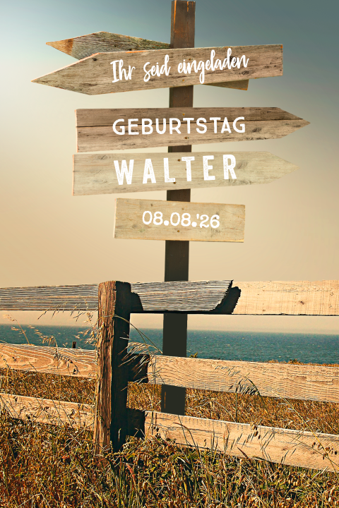 Einladungskarte zum 70 in trendy Design mit Wegweiser und Foto