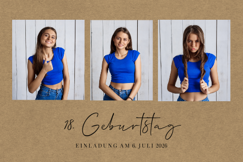 Einladung zum 18. Geburtstag mit Kraft-Look Hintegrund und 3 Fotos