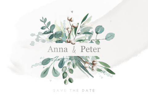 Silberfolie Save the date Karte mit Aquarell-Blumen und Herzen