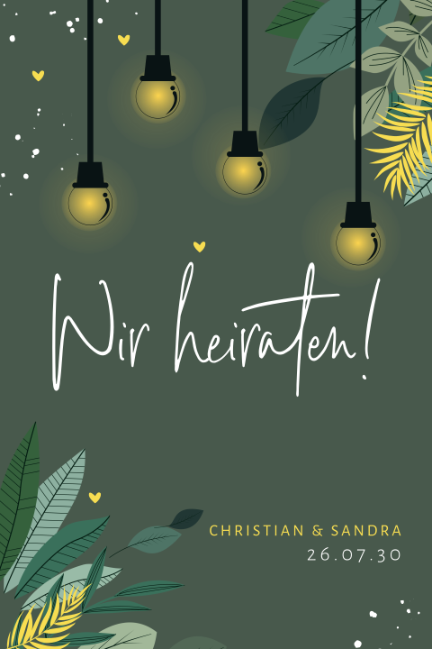 Trendige Hochzeitseinladung in Grün mit Blättern und Lampen