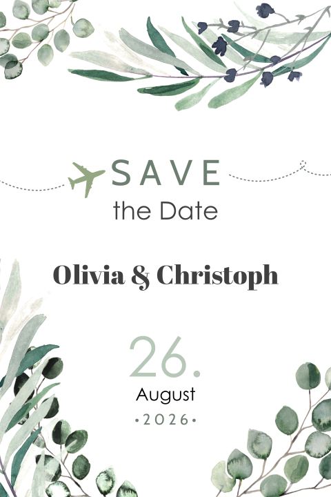 Save the Date Karte mit Eukalyptusblättern und Flugzeug
