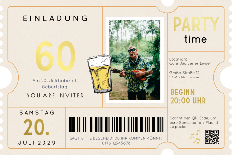 Einladung zum 60. Geburtstag als Ticket mit Bierglas