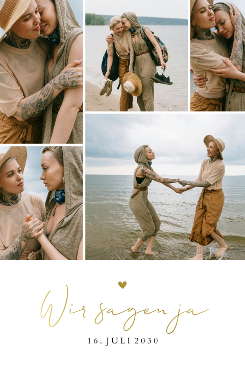 Hochformat Hochzeitskarte mit 5 Fotos und Goldfolie