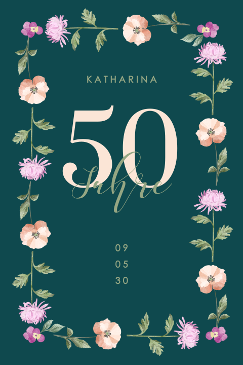 Einladung zum 50sten Geburtstag mit elegantem Blumenmuster