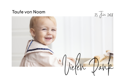 Dankeskarte zur Taufe mit Babyfoto und Kalligrafieschrift