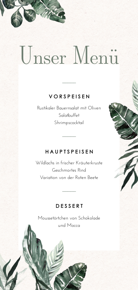 Menükarte zur Hochzeit im Grünton mit dekorativen Zweigen