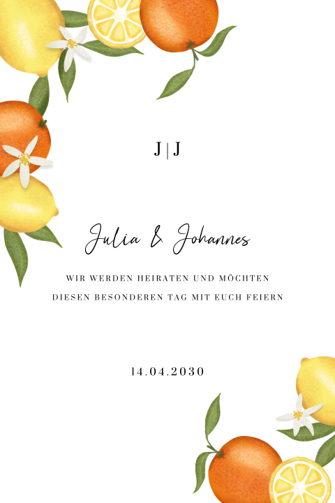Hochzeitseinladung für Sommerhochzeiten mit Orangen und Zitronen