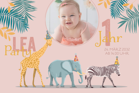 Farbenfrohe Geburtstagseinladung mit Giraffe, Elefant und Zebra