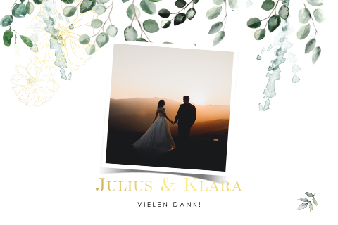 Danksagungskarte mit Foto, Blumen und grünen Zweigen