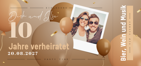 Einladung zur Rosenhochzeit in Ticket-Form mit Foto und Luftballons