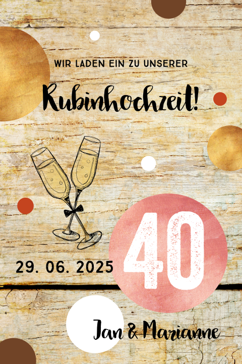 Tolle Einladung zur Rubinhochzeit mit Holzhintergrund und Konfetti